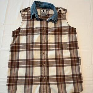 Vintage Purrfect Krazy Kat Brown Plaid Sleeveless Button Up Cotton Size M